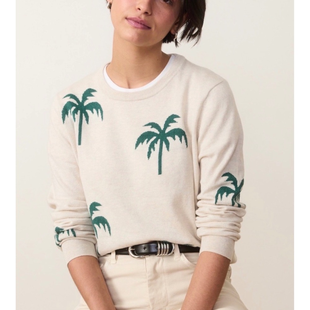 Marine Layer Icon Sweater Womens Small Beige Palm Tree Cotton Knit Crewneck